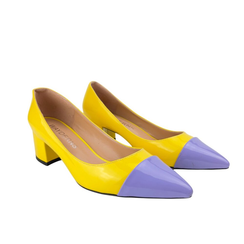 Yellow and Purple Patent Block Heels